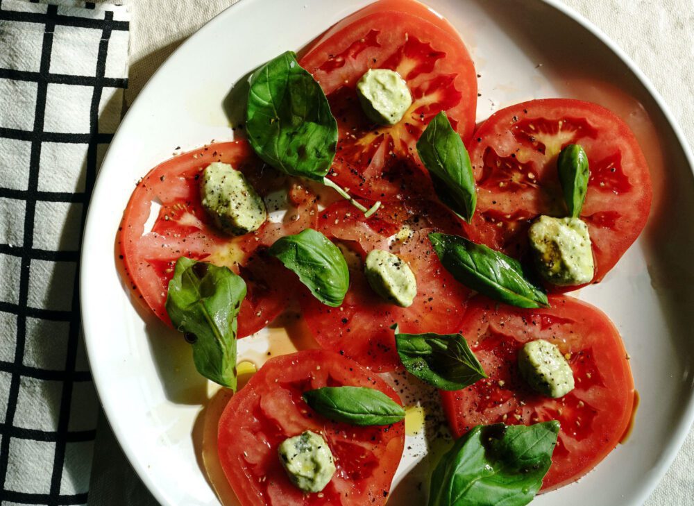 caprese salad with green goddess dressing instead of mozzarella