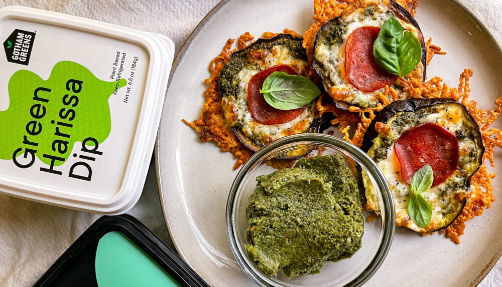 Eggplant pesto pizza bites recipe by Gotham Greens