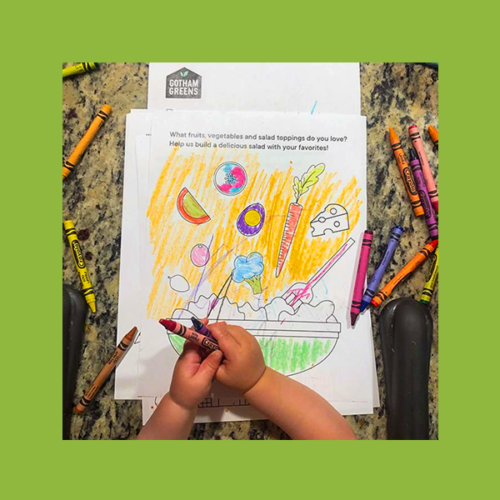 Gotham Greens + Sesame Street collaboration: a child's hand scribbles on a coloring book page